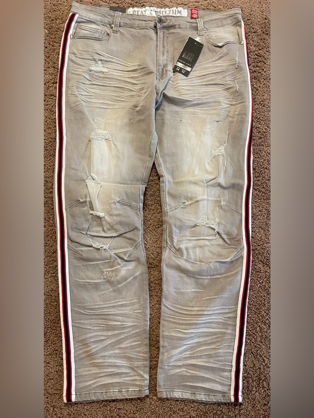 Men's Skinny Distressed Gray Jeans with Red & White Side Stripe